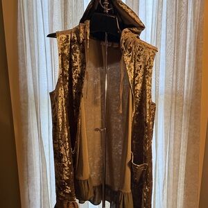 LOGO by Lori Goldstein Olive Velvet Hooded Sleeveless Duster/vest